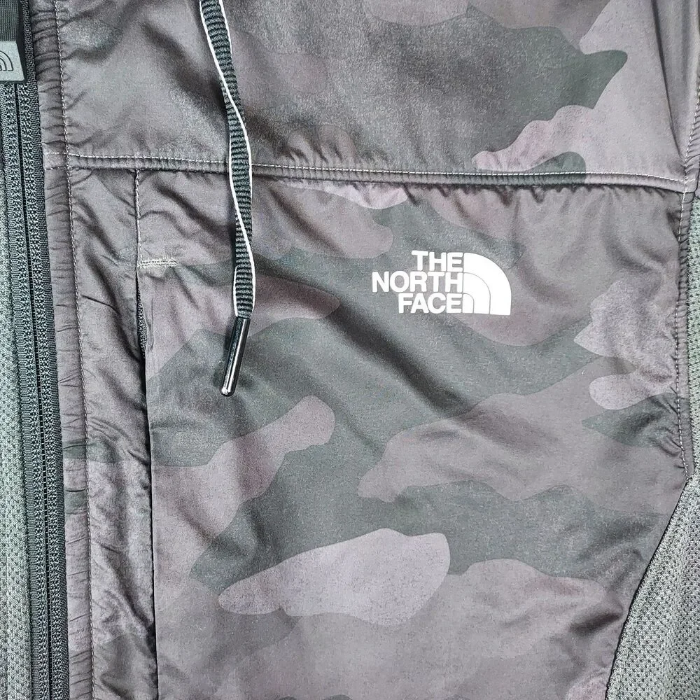 The North Face Mens Large Full Zip Hooded Fleece Jacket Gray Black Camo Logo